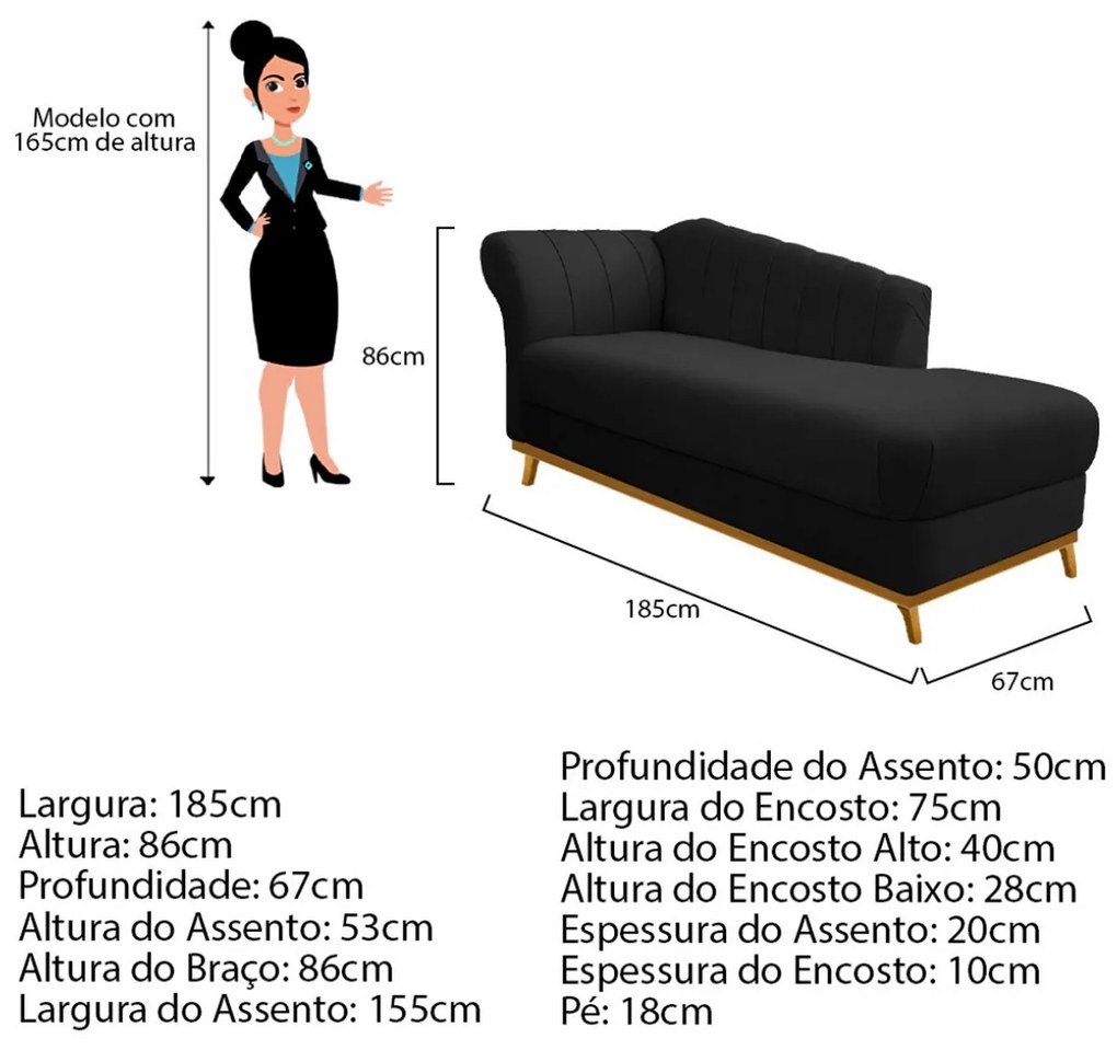 Recamier Vanessa 185cm Lado Direito Suede Preto - ADJ Decor