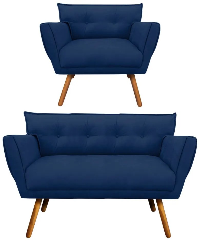 Kit 1 Namoradeira 2 Lugares e 1 Poltrona Anitta Suede Pés Palito Castanho - D'Rossi - Azul Marinho