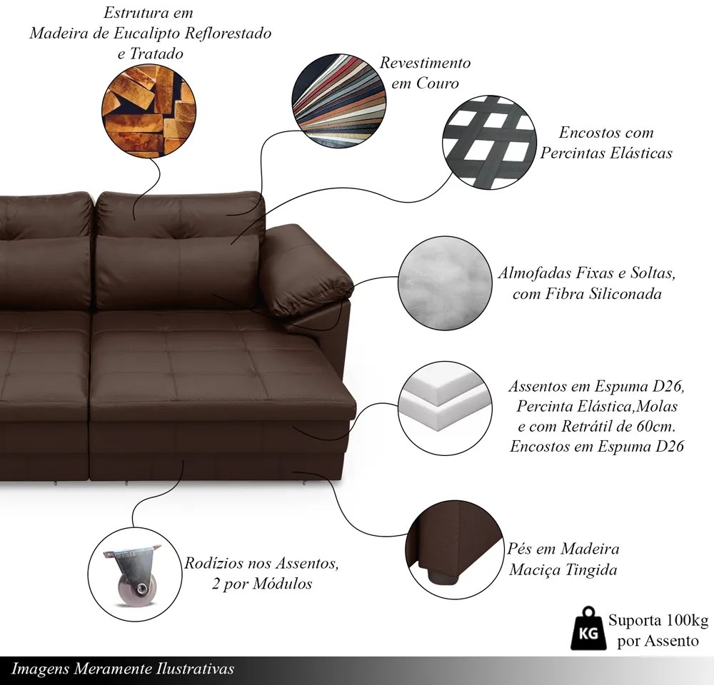 Sofá Retrátil Manual Sala de Estar Nolan Bipartido 297cm Conforto Premium em Couro Marrom Brilho G58 - Gran Belo