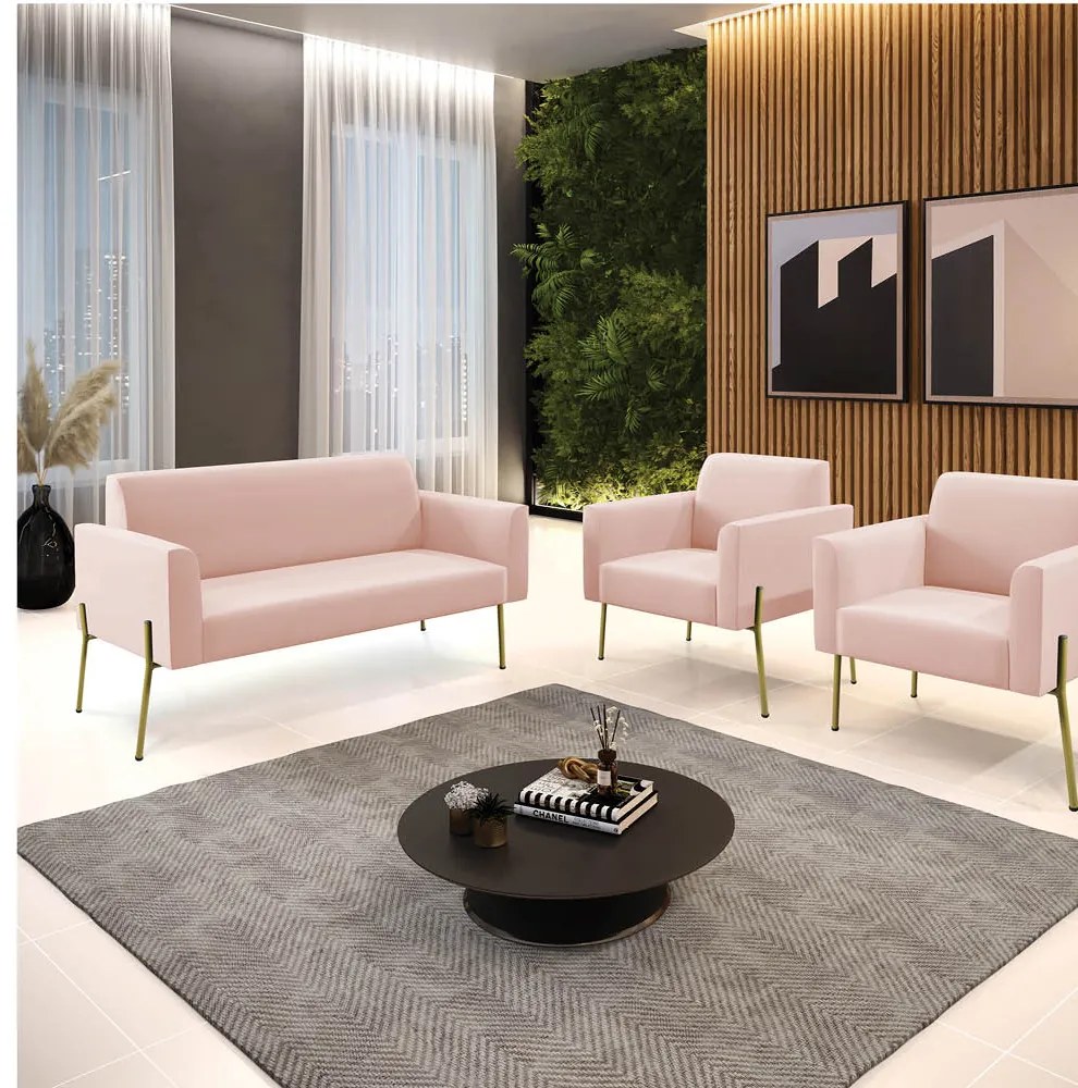 Sofá Namoradeira e 2 Poltronas Pé de Ferro Dourado Marisa Veludo Rosê