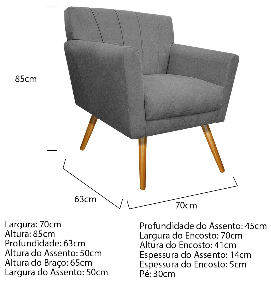 Poltrona Laura Pés Palito Mel Suede Cinza - ADJ Decor
