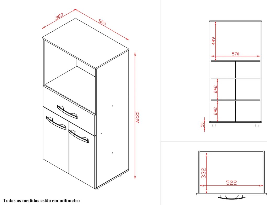 Armário Multiuso Luni 2 Portas 1 Gaveta Cozinha MB1