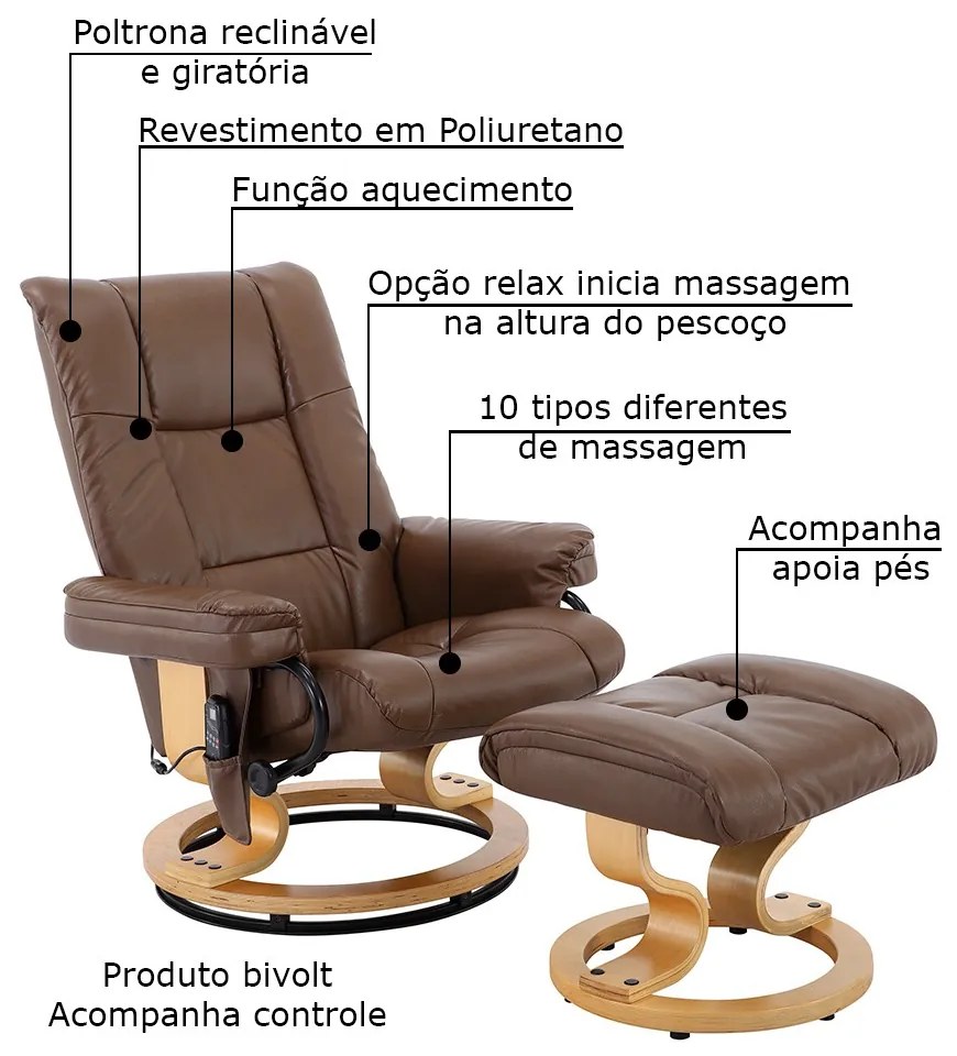 Poltrona de Massagem Tustin Elétrica Reclinável Giratória PU Sintético Marrom Vintage G56 - Gran Belo