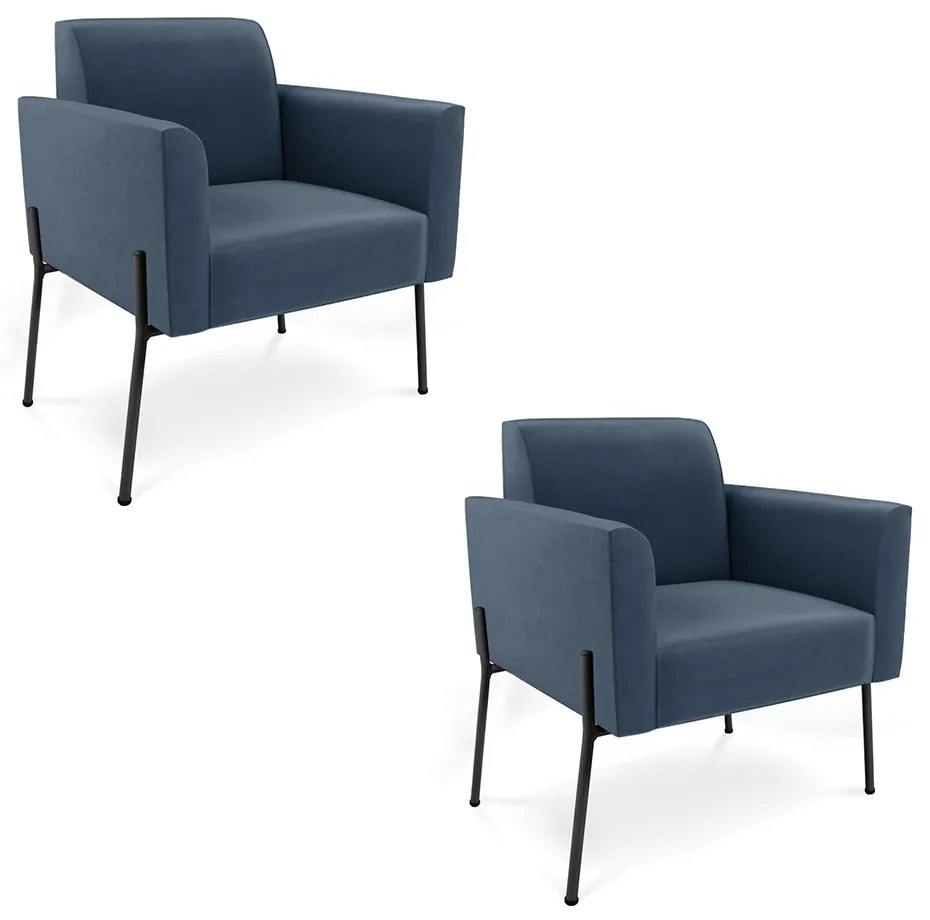 Poltrona Pé de Ferro Preto para Sala Kit 2 Marisa Suede D03 - D'Rossi - Azul Marinho