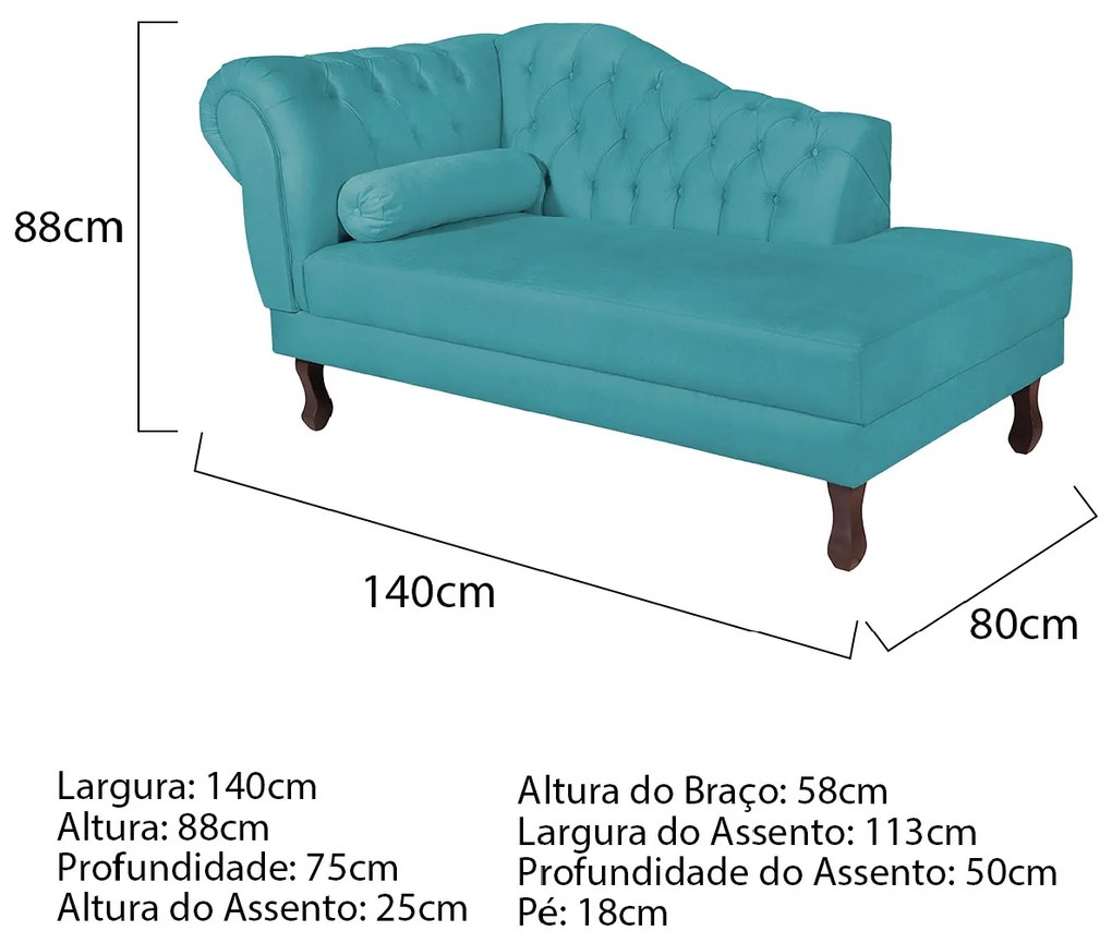 Recamier Diana 140cm Lado Direito Suede Azul Turquesa - ADJ Decor