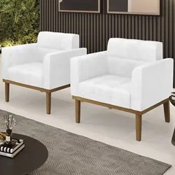 Poltrona Base Madeira Castanho Kit 2 Ana Sintético PU Branco - Ibiza