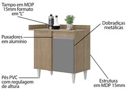 Balcão de Canto Reto com Tampo 1 Porta Denver Castanho/Cinza - Lumil