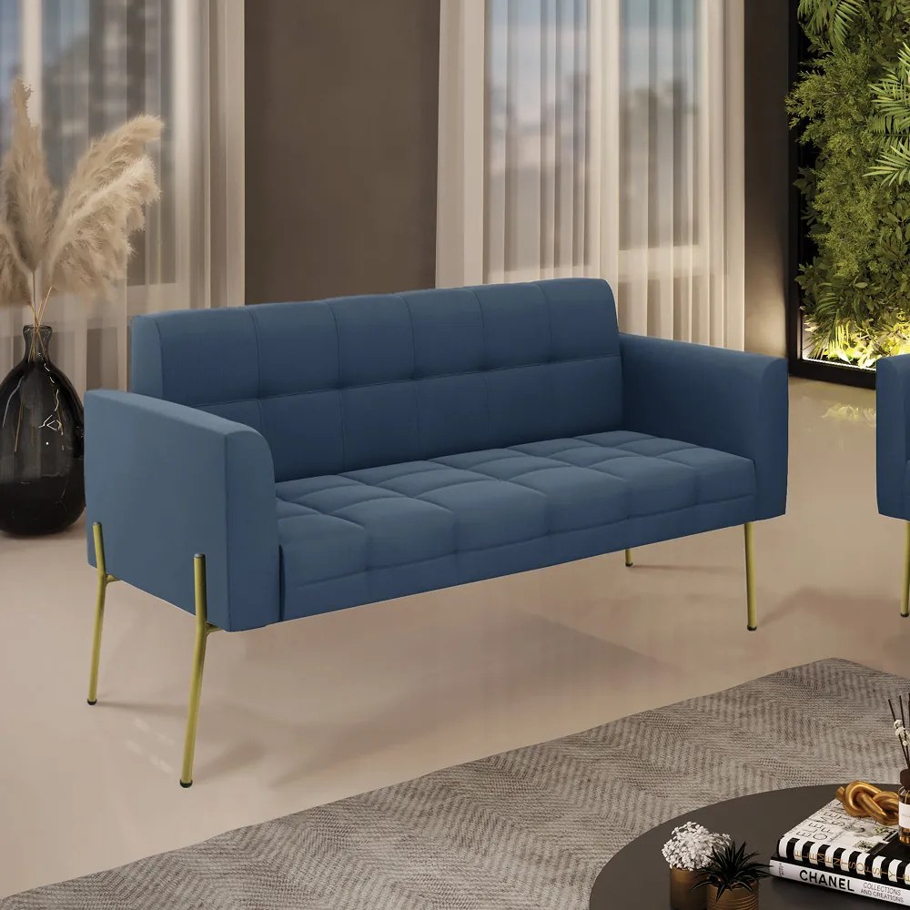 Sofá Namoradeira 2 Lugares Pé de Ferro Dourado Elisa Suede D03 - D'Rossi - Azul Marinho