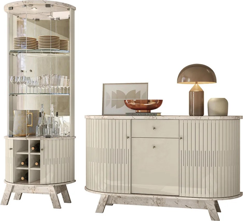 Conjunto Buffet com Cristaleira Robert/Deker Iluminação Led Gavetas MDP Calacata/OffWhite G97 - Gran Belo