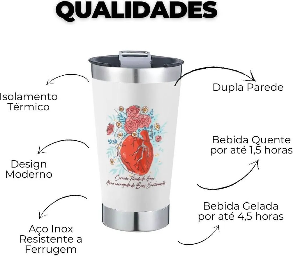 Kit Copo Térmico Com Abridor e Caneca Coração Florido de Amor