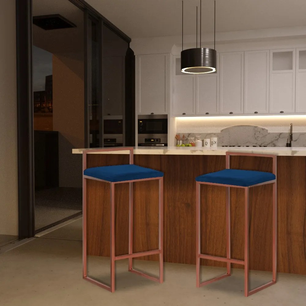 Banqueta Decorativa Jasmine Base Bronze Veludo Azul G41 - Gran Belo