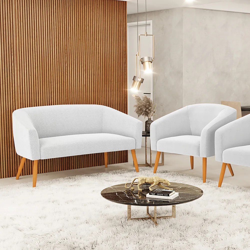 Sofá Namoradeira e Poltrona Pé Palito Castanho Stella Bouclê Off White D03 - D'Rossi