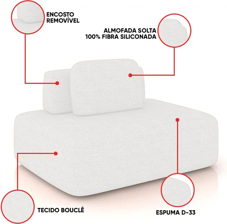 Sofá Módulo Central 140cm Orgânico Sala Berlim Bouclê K01 - D'Rossi - Off White