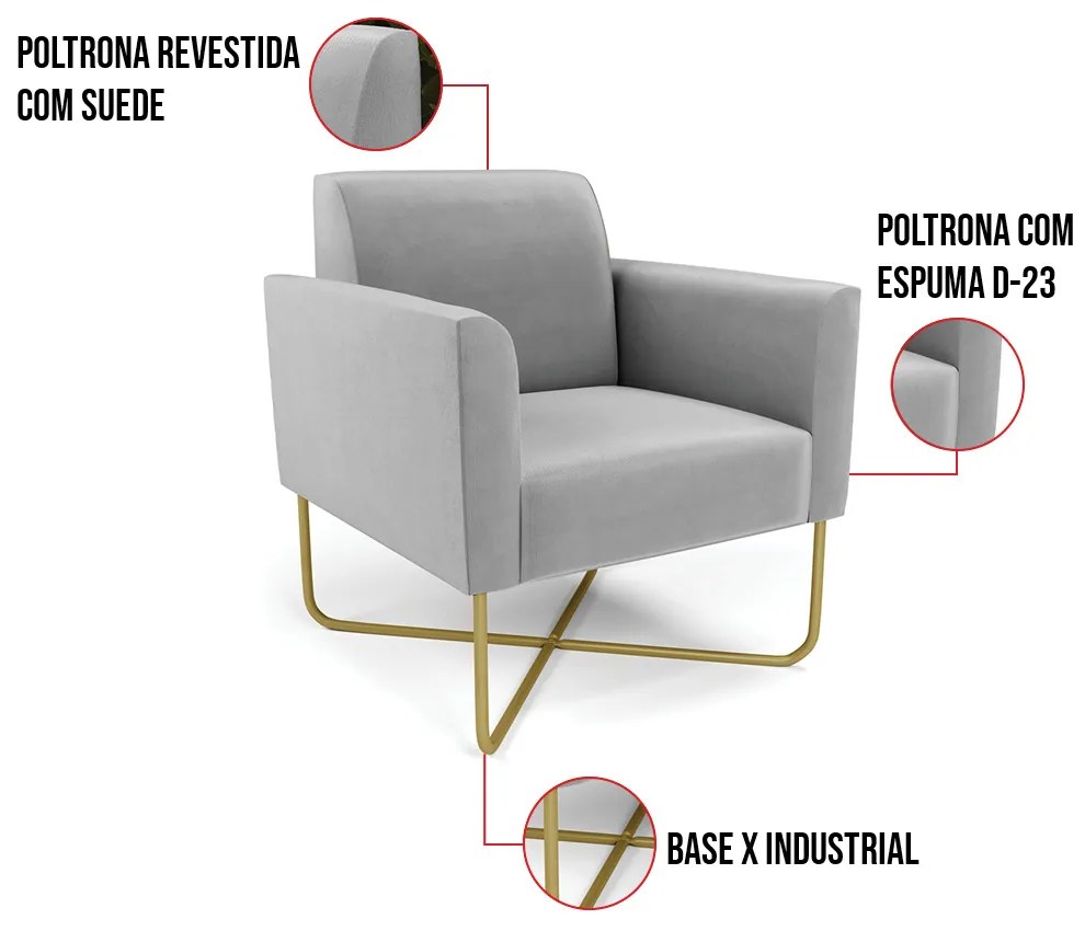 Poltrona Base X Industrial Dourado Marisa Suede - Cinza
