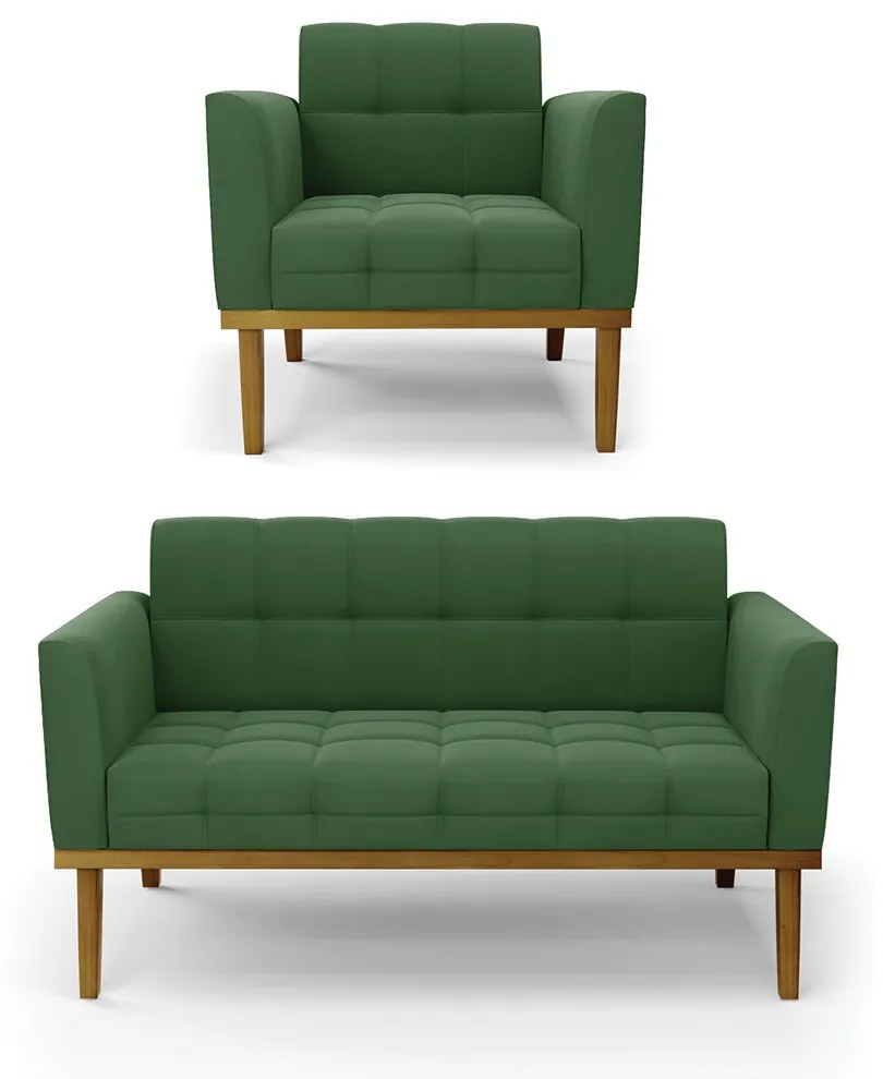 Namoradeira com Poltrona Base de Madeira Castanho Elisa Suede D03 - D'Rossi - Verde