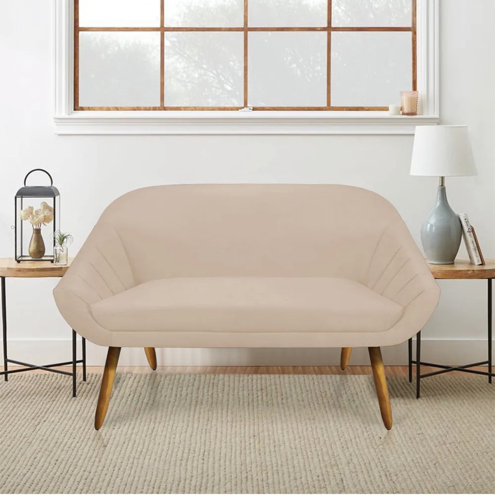 Kit 01 Namoradeira 02 Lugares e 01 Poltrona Giratória Giovana Suede Bege Base Madeira MM30 - D'Rossi