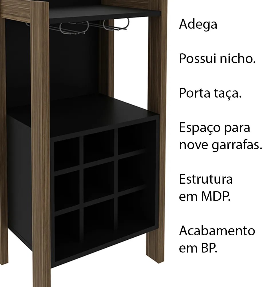 Adega Bar para Sala de Estar Decorativa AZ1032 MDP Nogal/Preto G69 - Gran Belo