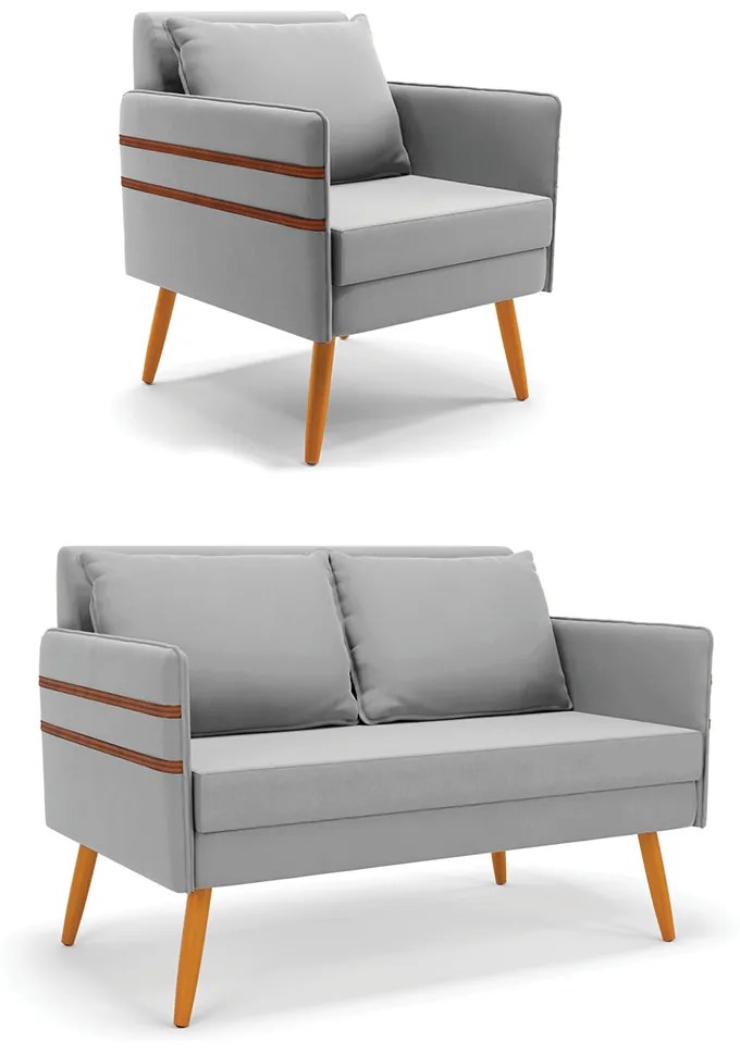 Kit 1 Namoradeira 02 Lugares e 1 Poltrona Mari Suede Cinza Pés Palito Castanho - D'Rossi