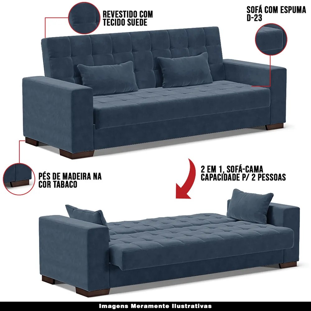 Sofá Cama Decorativo 210cm Beesley Suede Azul Marinho G19 - Gran Belo