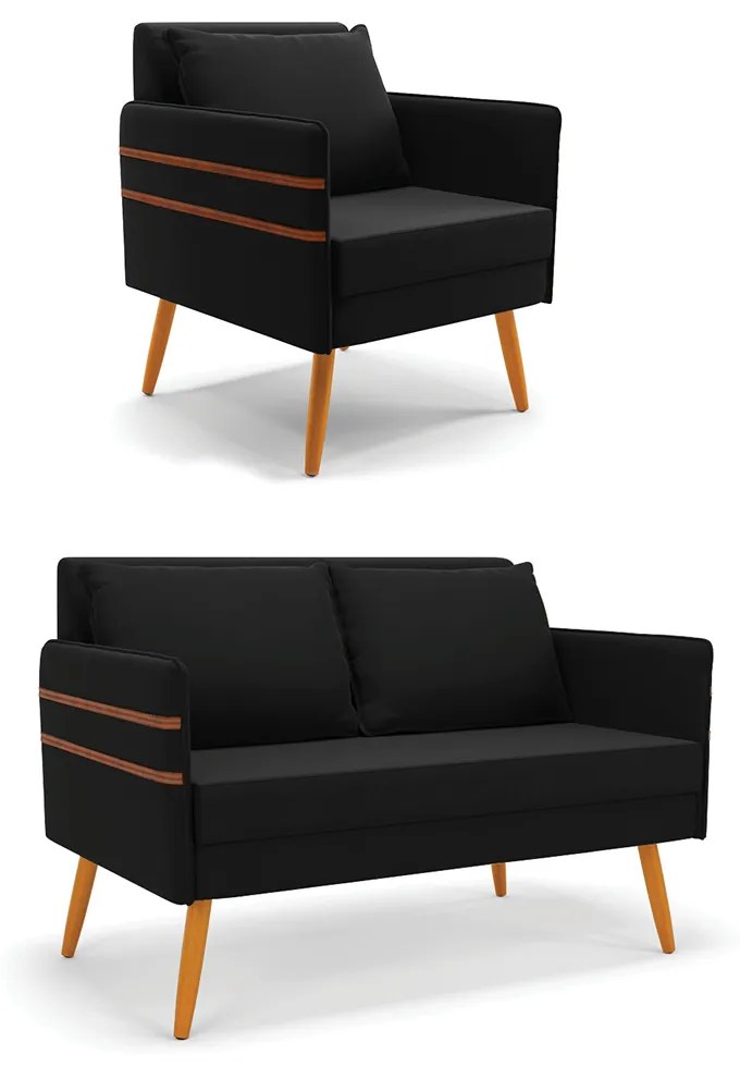 Kit 01 Namoradeira 02 Lugares e 01 Poltrona Mari Suede Pés Palito Castanho - D'Rossi - Preto