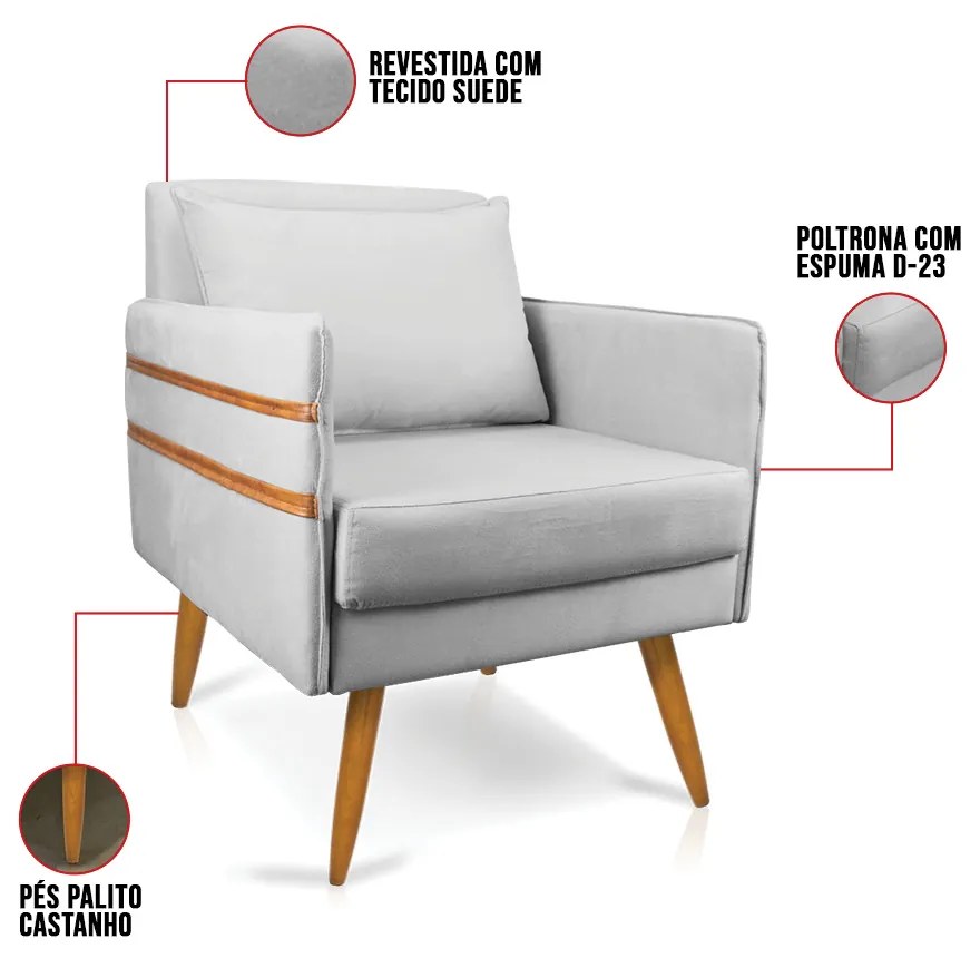 Kit 02 Poltronas Mari Suede Pés Palito Castanho D03 - D'Rossi - Cinza