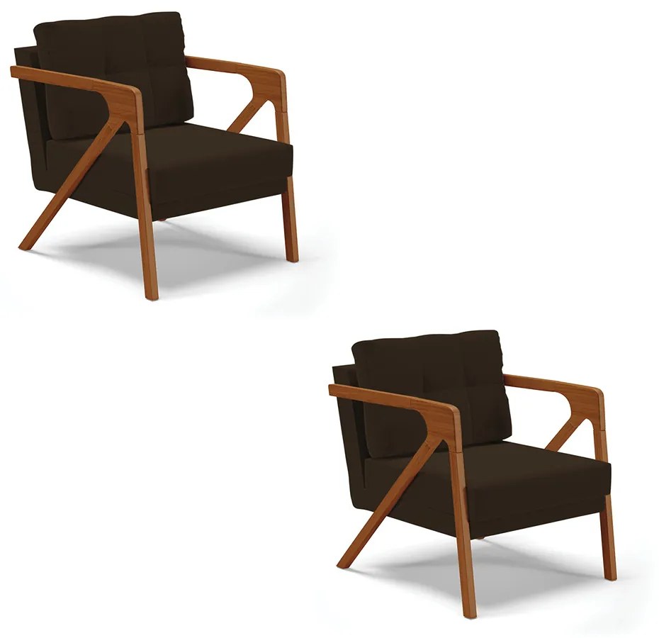 Kit 02 Poltronas Melissa Suede Base de Madeira Castanho D03 - D'Rossi - Marrom