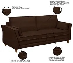 Sofá Living 3 Lugares 180cm Pés Madeira Efraim F05 Veludo Marrom - Mpo