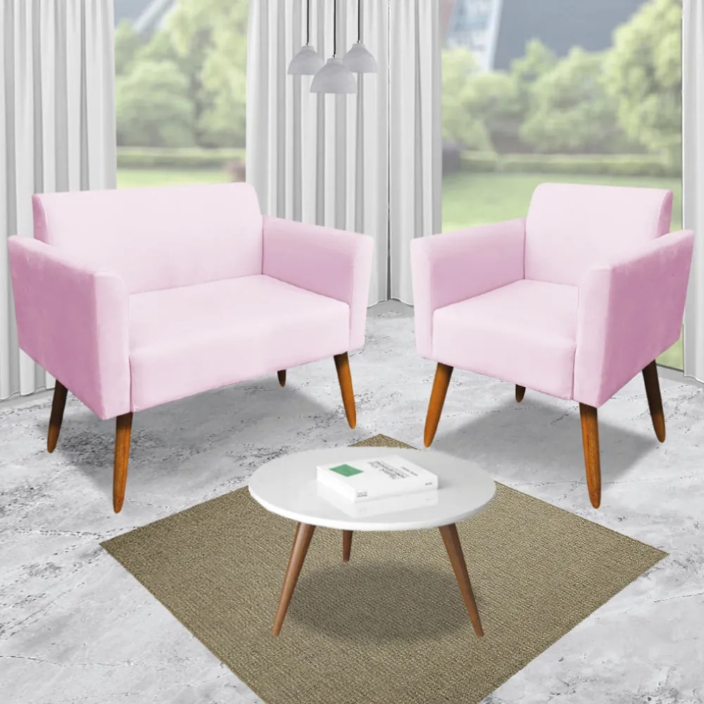 Poltrona Namoradeira Decorativa Isabella Pés Palito Madeira Suede Rosa Bebê G19 - Gran Belo