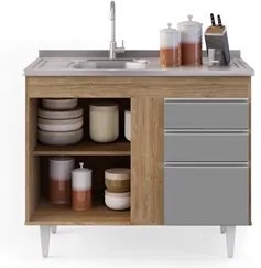 Balcão Gabinete Com Pia Inox 100cm 2 Portas 2 Gavetas Luziania Castanh