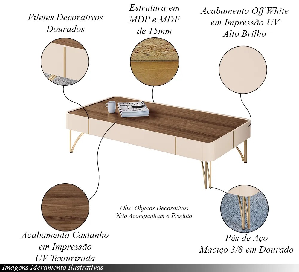 Mesa de Centro Decorativa Cadenza MDP/MDF Pés de Aço Off White/Castanho G26 - HB Móveis