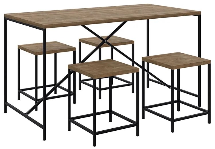 Conjunto Mesa de Jantar com 04 Banquetas Baixa Steel Quadra Estilo Industrial Vermont e Pés Metálico Preto - D'Rossi