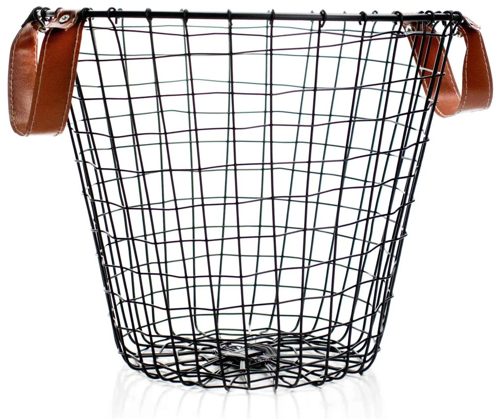 Cesto de Metal Preto com Alça em Couro 27x31 cm - D'Rossi