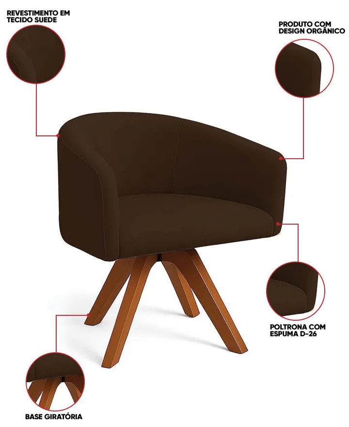 Poltrona Sala Base Giratória Madeira Arielle Suede Marrom D03 - D'Rossi