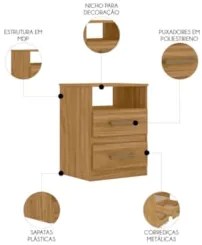 Mesa de Cabeceira Para Quarto 2 Gavetas Ares Z17 Freijó - Mpozenato