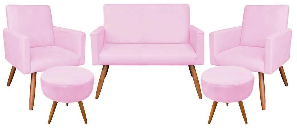 Kit 01 Namoradeira com 02 Poltronas e 02 Puffs Larissa Suede Rosa Bebê Pés Palito Castanho D'Rossi