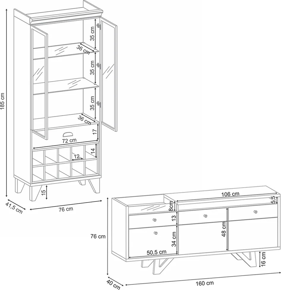 Conjunto Cristaleira Adega e Buffet Aparador MDP/MDF Ópera/Sollare Off White/Castanho G26 - HB Móveis
