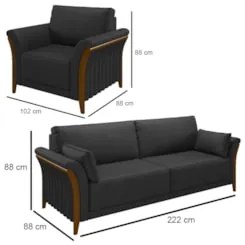 Kit Sofá Living 3 Lugares e Poltrona 102cm Pés Madeira Roya Z32 PU Pre