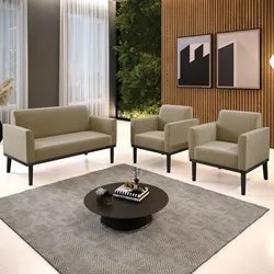 Sofá Namoradeira e 2 Poltronas Base Madeira Preto Maressa Suede Marrom