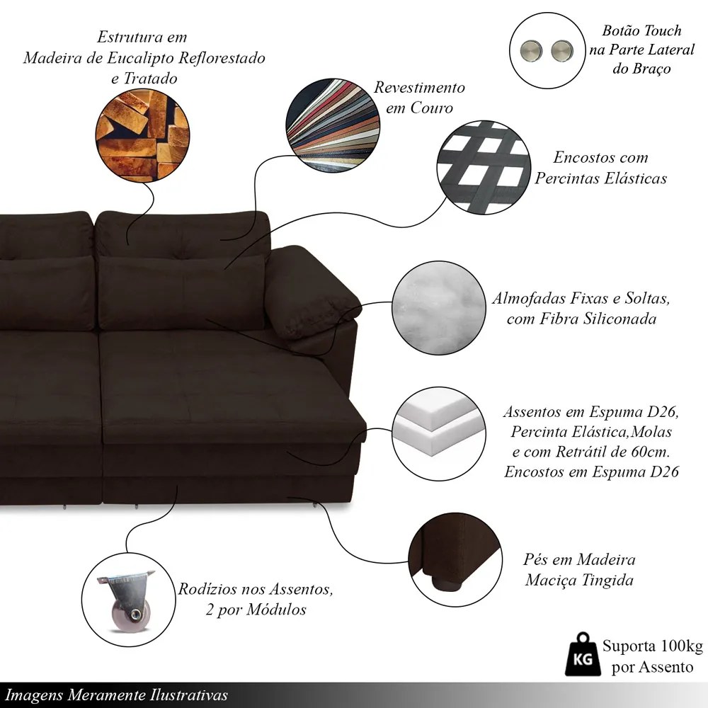 Sofá Retrátil Elétrico Sala de Estar Nolan Bipartido 250cm Conforto Premium em Couro Marrom Manchado G58 - Gran Belo
