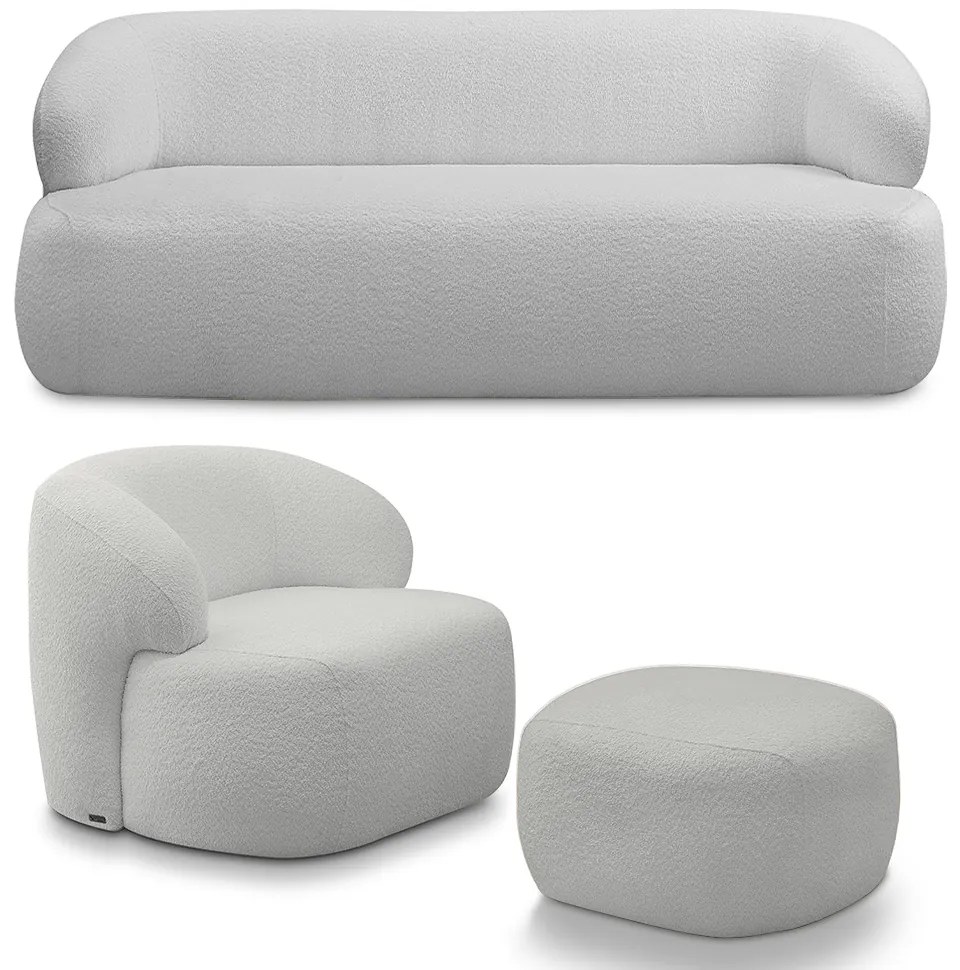 Conjunto Sala de Estar Decorativo Charlote 1 Poltrona Namoradeira 150cm 1 Poltrona Base Fixa com Puff Bouclê Cinza G88 - Gran Belo