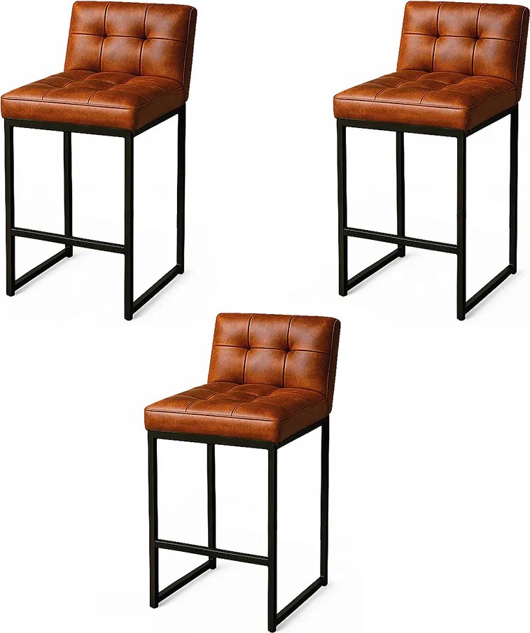 Banqueta Cozinha Alta com Encosto Industrial Kit 3 Preto Lirina PU C05 - D'Rossi - Nozes