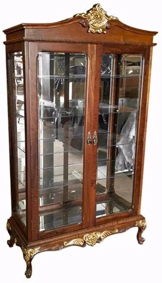 Cristaleira Provençal com Portas e Laterais de Vidro Madeira Maciça Detalhes Entalhados em Dourado Pés Luís XV