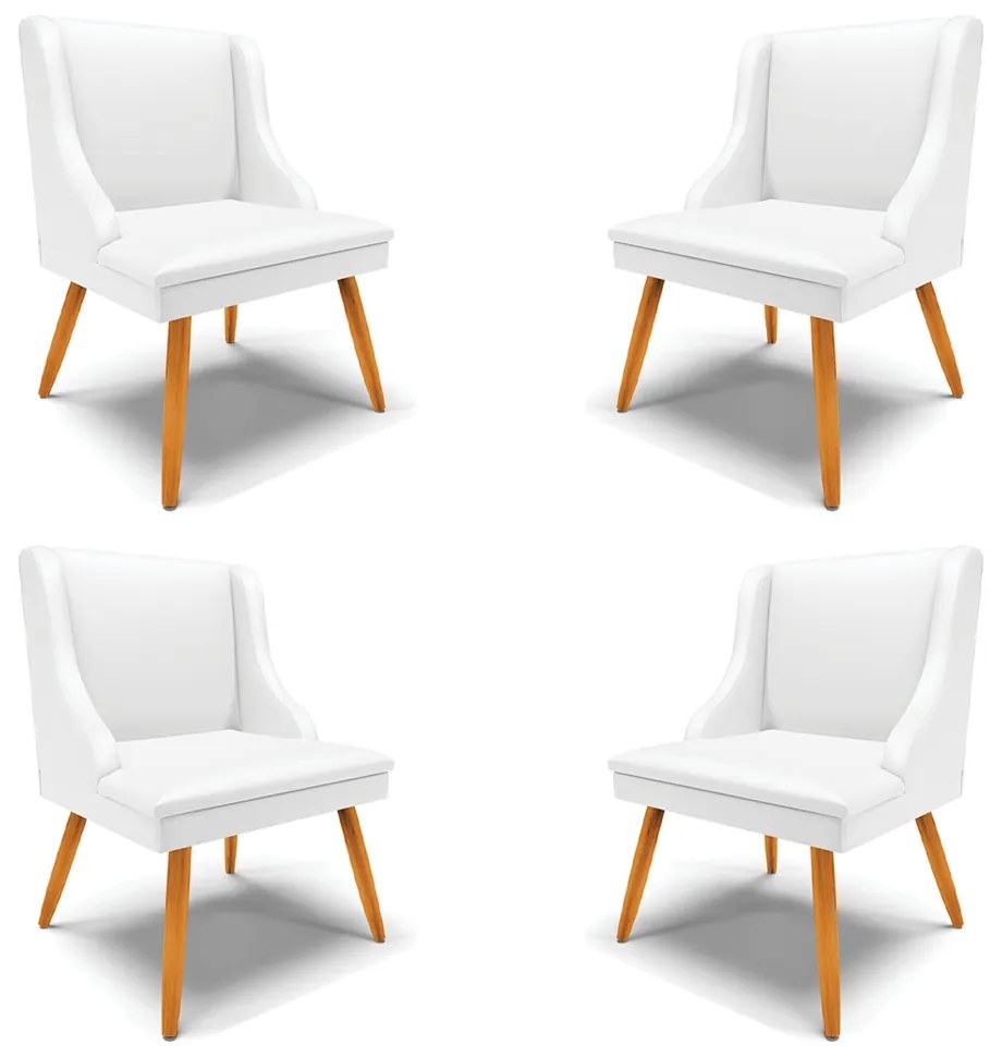 Kit 4 Cadeiras Decorativas Sala de Jantar Pés Palito de Madeira Firenze PU Branco Fosco/Natural G19 - Gran Belo