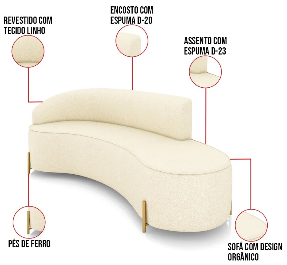 Sofá 4 Lugares Orgânico 220cm Pé Dourado Morgan Linho D03 - D'Rossi - Bege