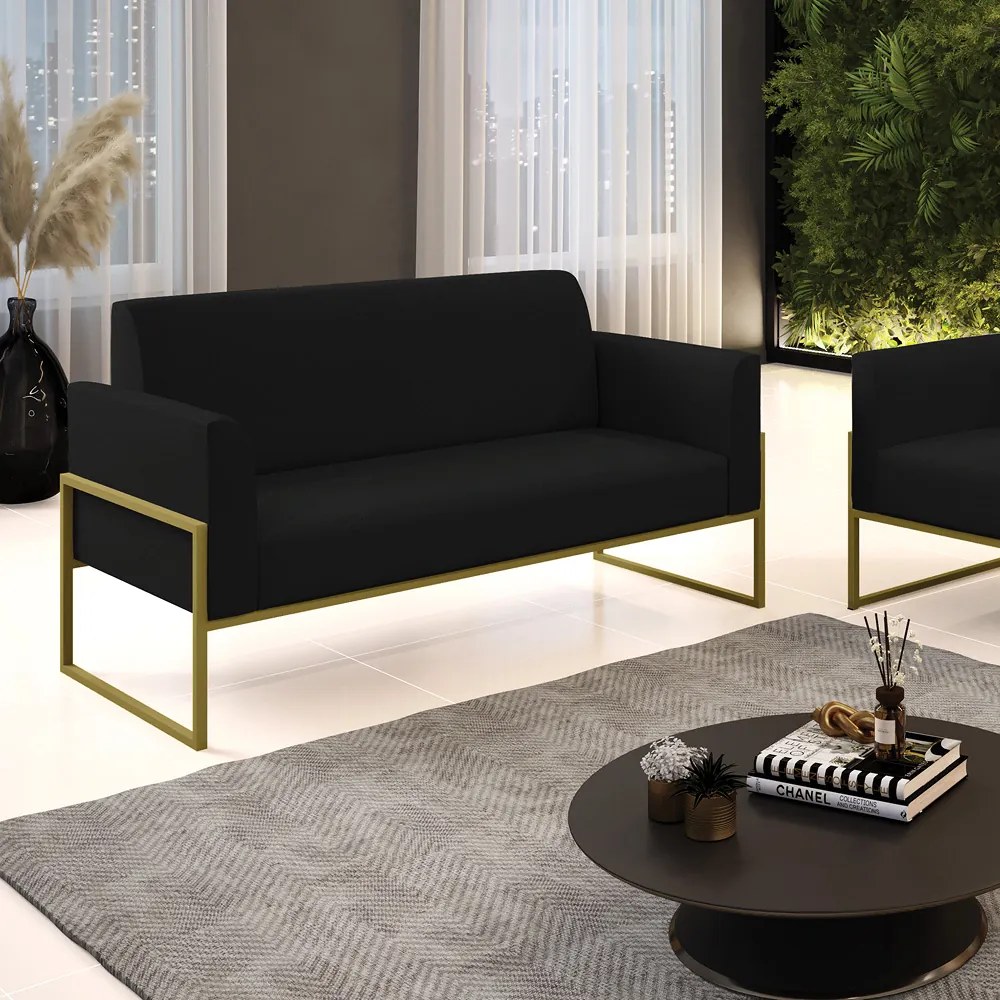 Sofá Namoradeira Base Industrial Alta Dourado Marisa Linho D03 - D'Rossi - A79 Preto