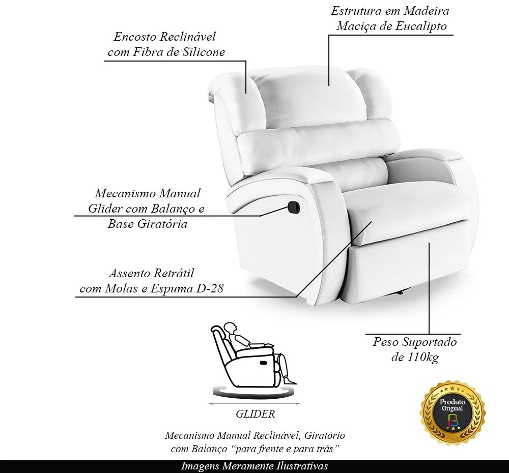 Poltrona do Papai Sala de Cinema Reclinável Kylie Glider Manual Giratória PU Branco G23