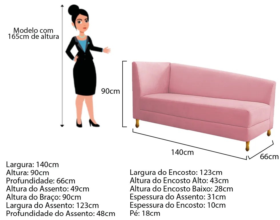 Recamier Valéria 140cm Lado Esquerdo Suede Rosa Bebê- ADJ Decor