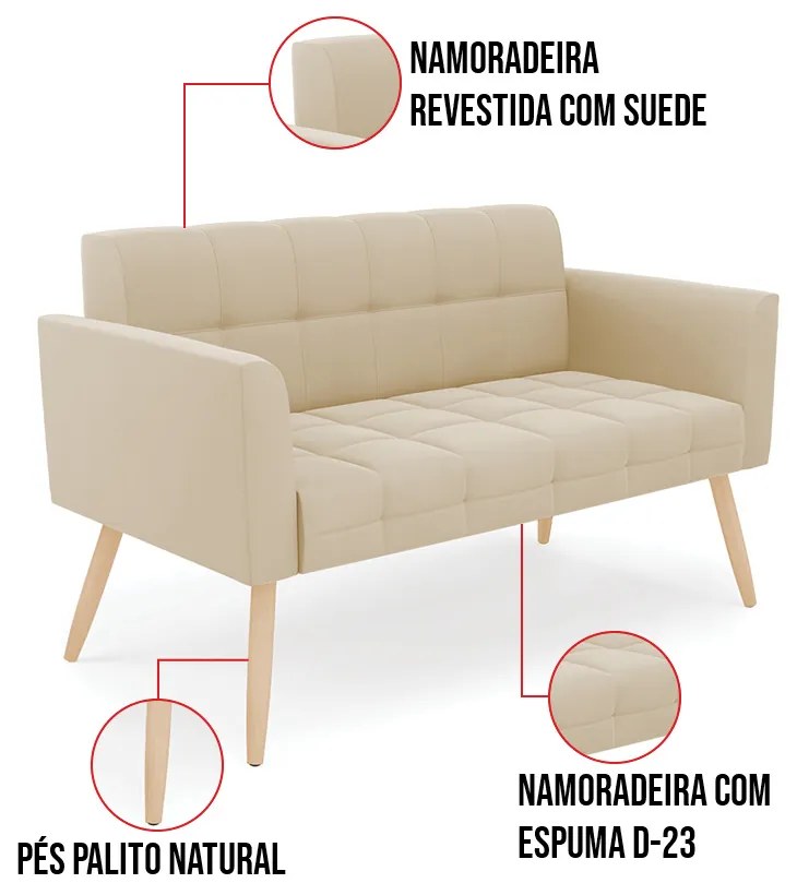 Kit 1 Sofá Namoradeira e 1 Poltrona Elisa Suede Pés Palito Natural D03 - D'Rossi - Bege