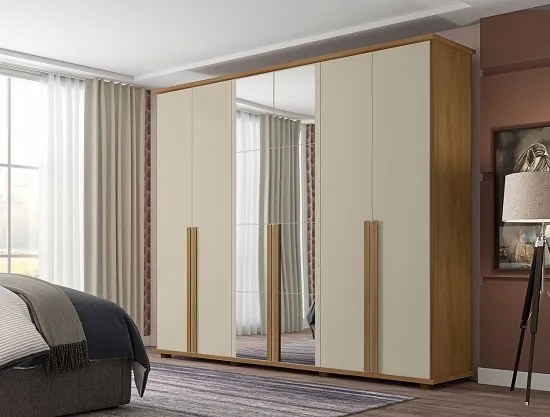 Guarda-Roupa Casal Com Espelho 6 Portas 5 Gavetas Estrela Cinamomo/Off White – RV Móveis