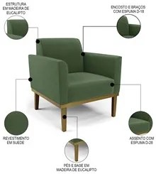 Sofá Namoradeira e 2 Poltronas Base Madeira Castanho Maressa Suede Ver